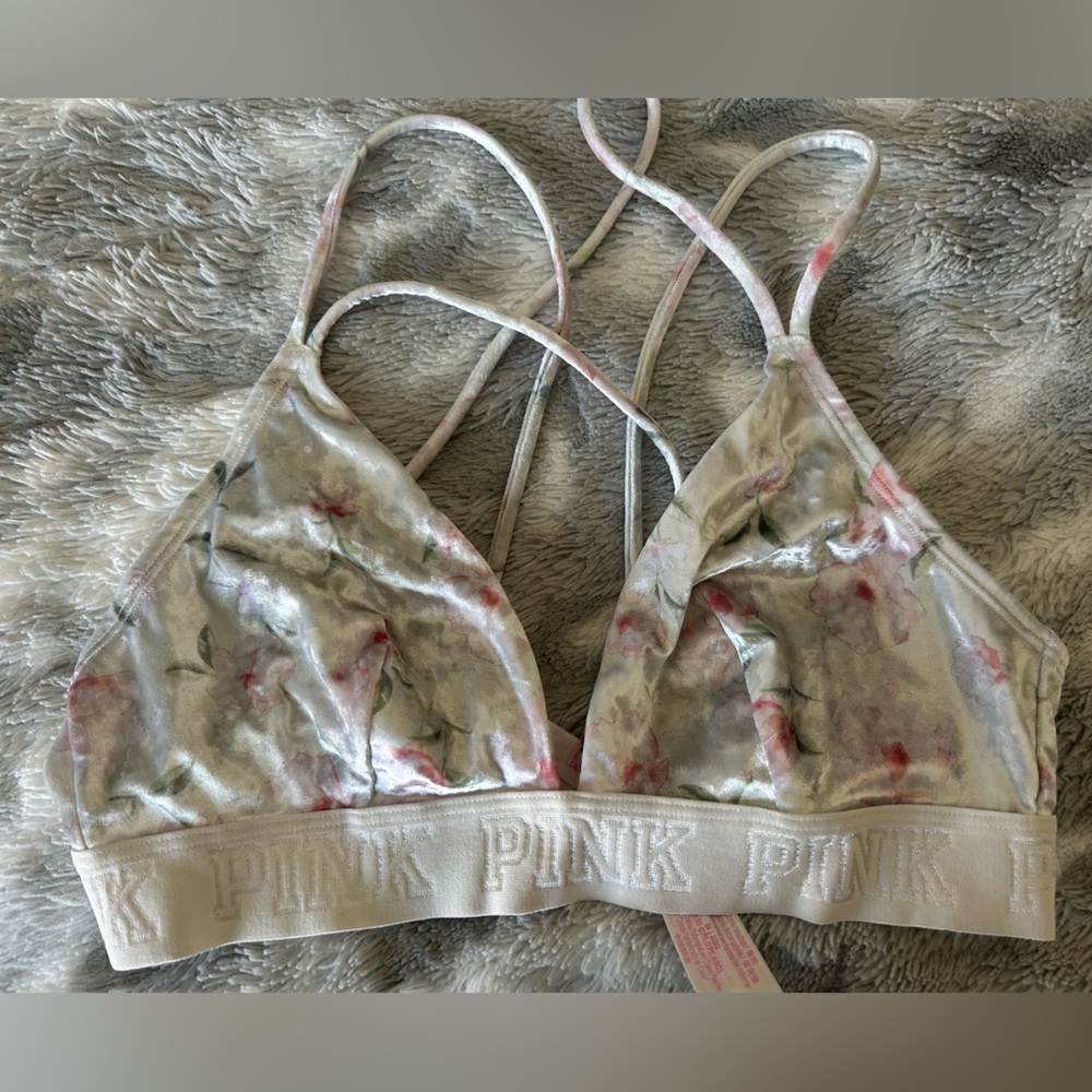 Pink by Victoria's Secret Floral Velvet Bralette - white and pink